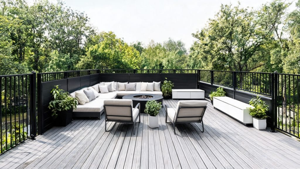 terrace with modern patio furniture, including a circular fire pit, surrounded by lush greenery.