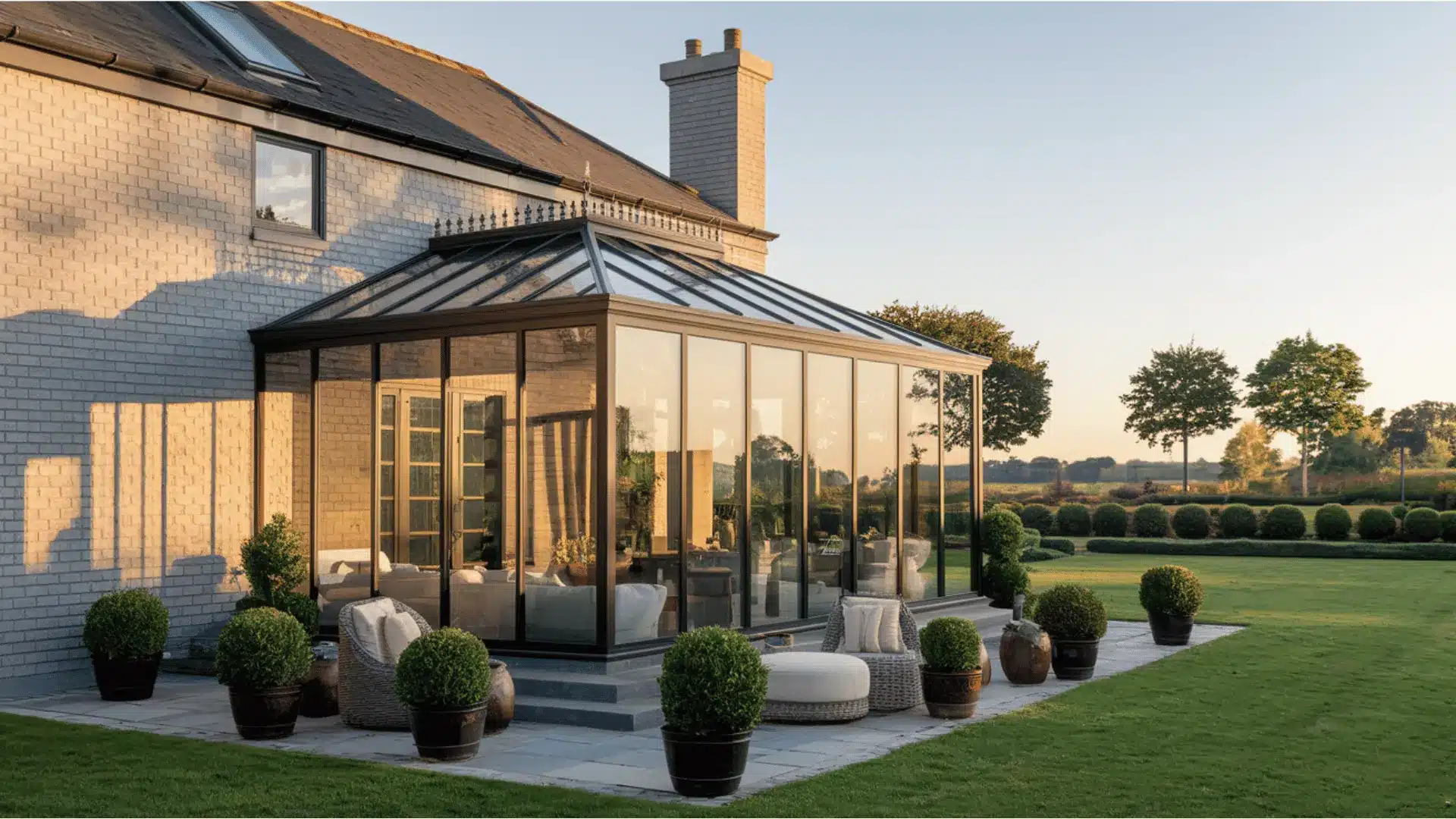the house features a dark-colored glass conservatory attached to its side, which extends over a patio