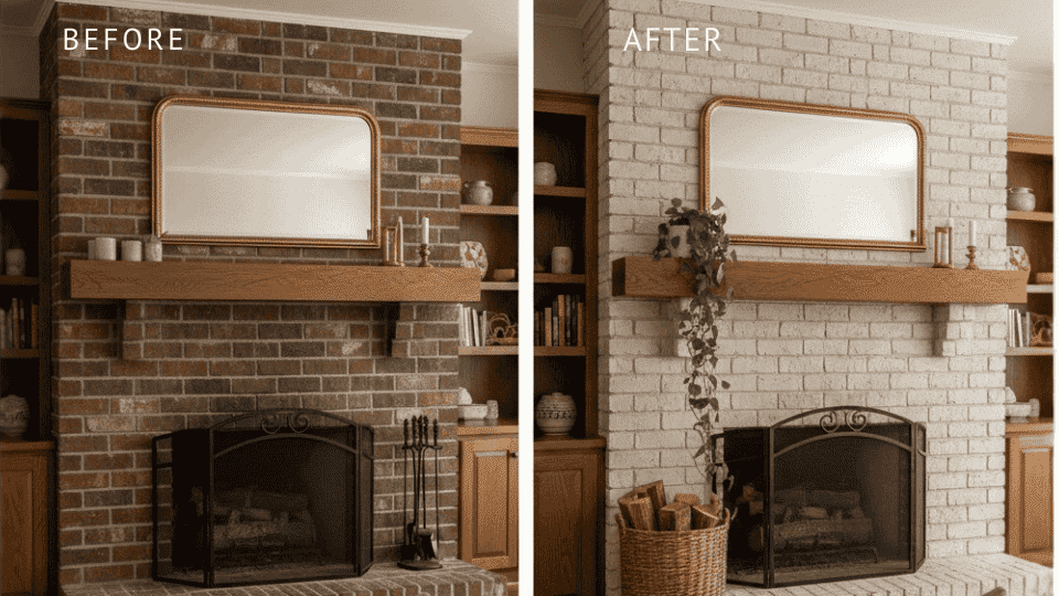 This transformation shows a dark, dated brick fireplace turned into a bright, timeless feature with soft limewash, enhancing the room's atmosphere.