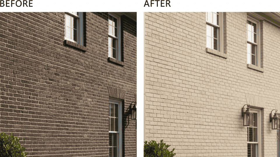This transformation shows a red-brown brick exterior turned into a soft, neutral limewashed finish, brightening the home’s facade