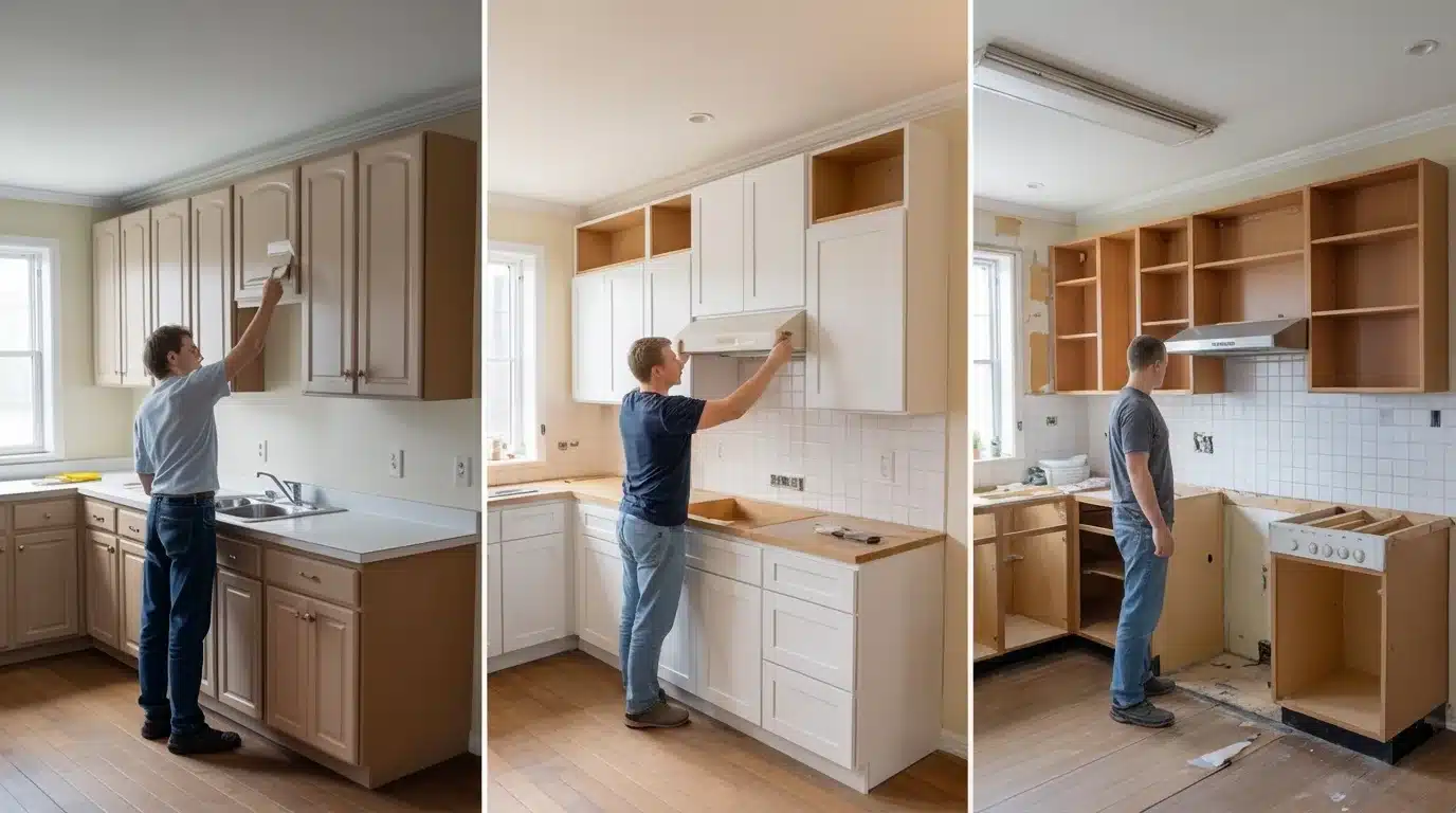 three kitchen stages showing cabinet painting, refacing with new doors, and full replacement with layout changes