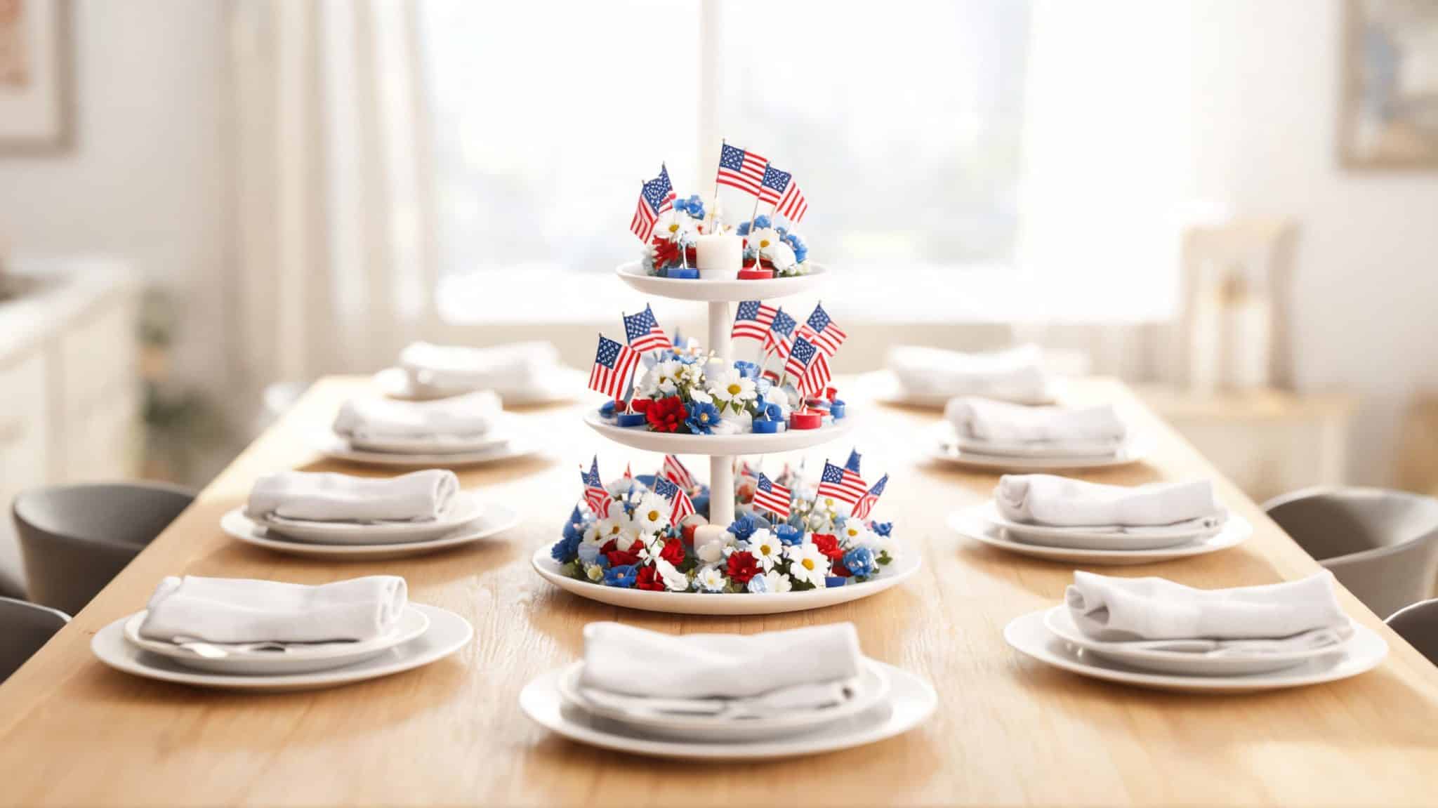 tiered tray patriotic centerpiece on dining table