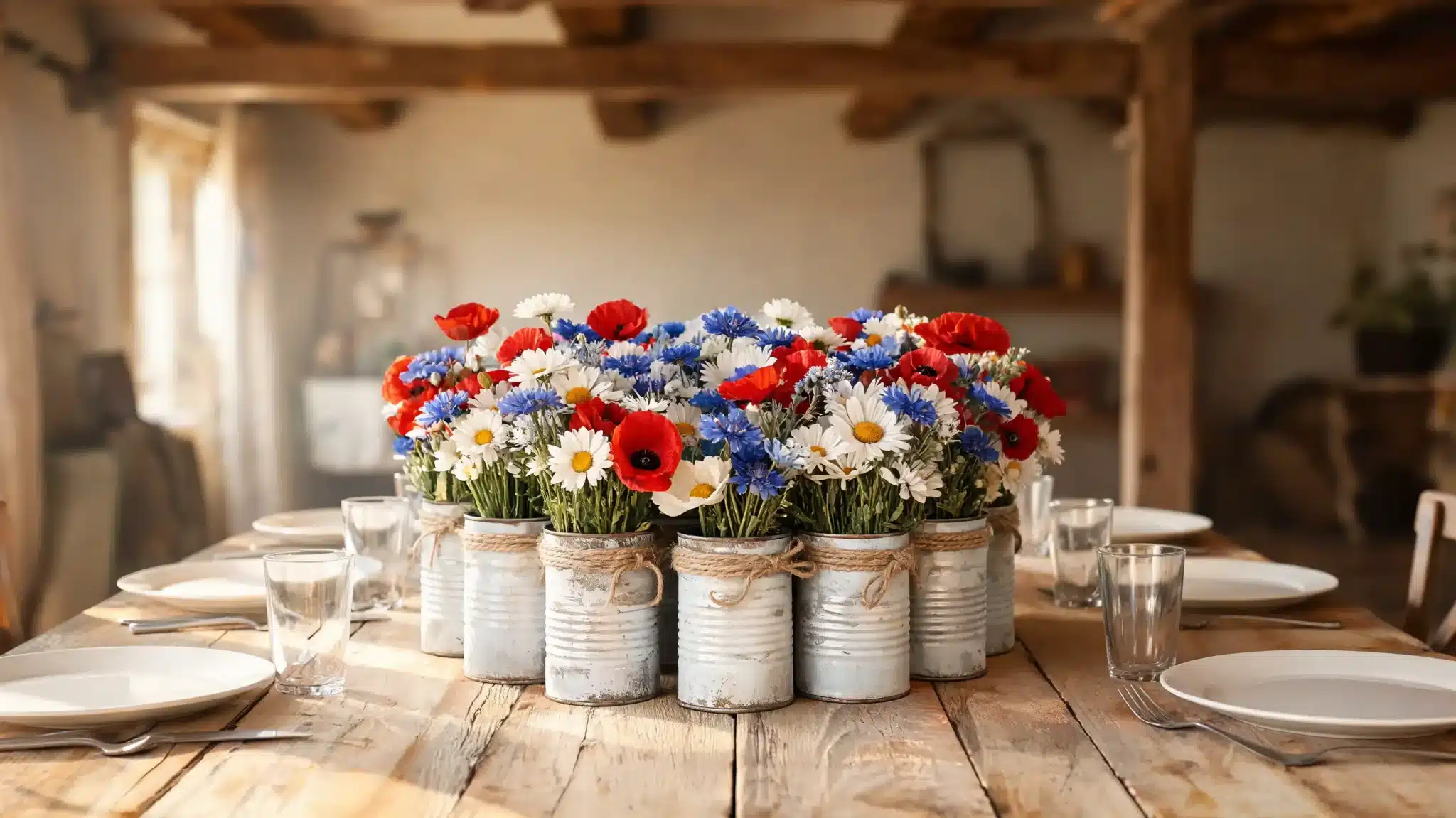 tin can flower centerpiece on dining table