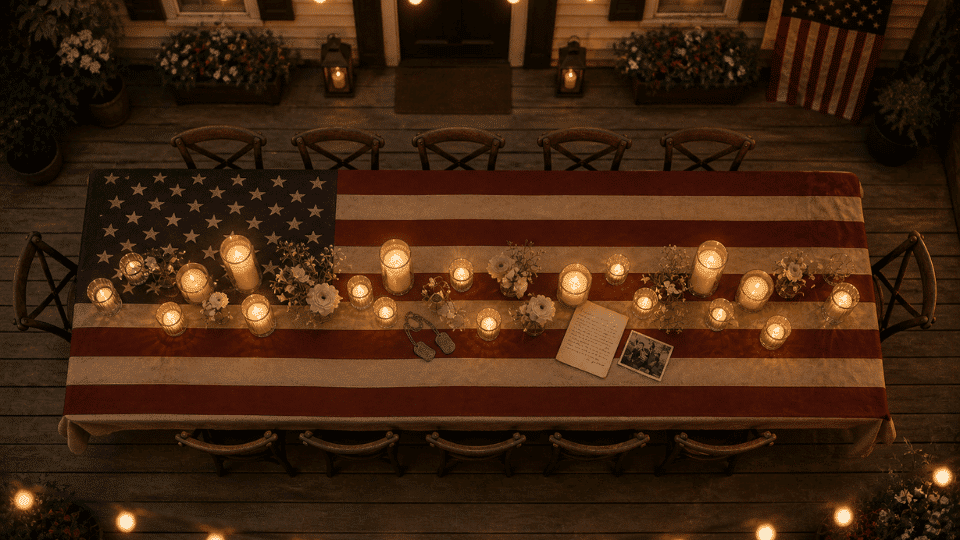 top down view of outdoor table with american flag cloth candles flowers dog tags note photo dusk lit