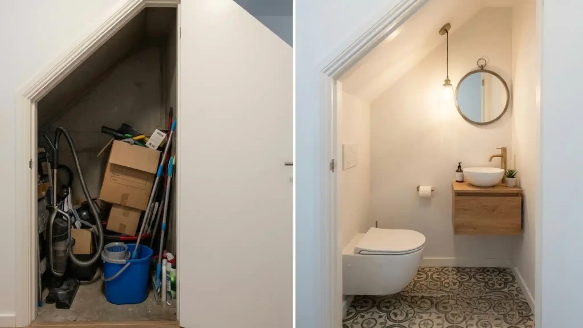 transformation of a cluttered storage space into a clean, modern under-stairs powder room with sleek design elements