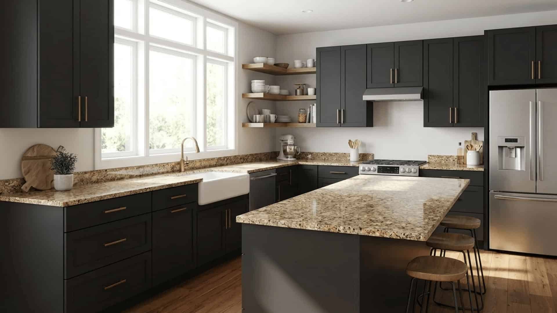tricorn black sw 6258 cabinets contrasting with light brown granite countertops in a modern kitchen