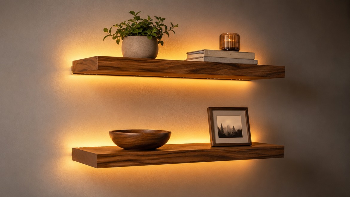 two floating shelves with warm backlighting top shelf holds a potted plant, candles, and books