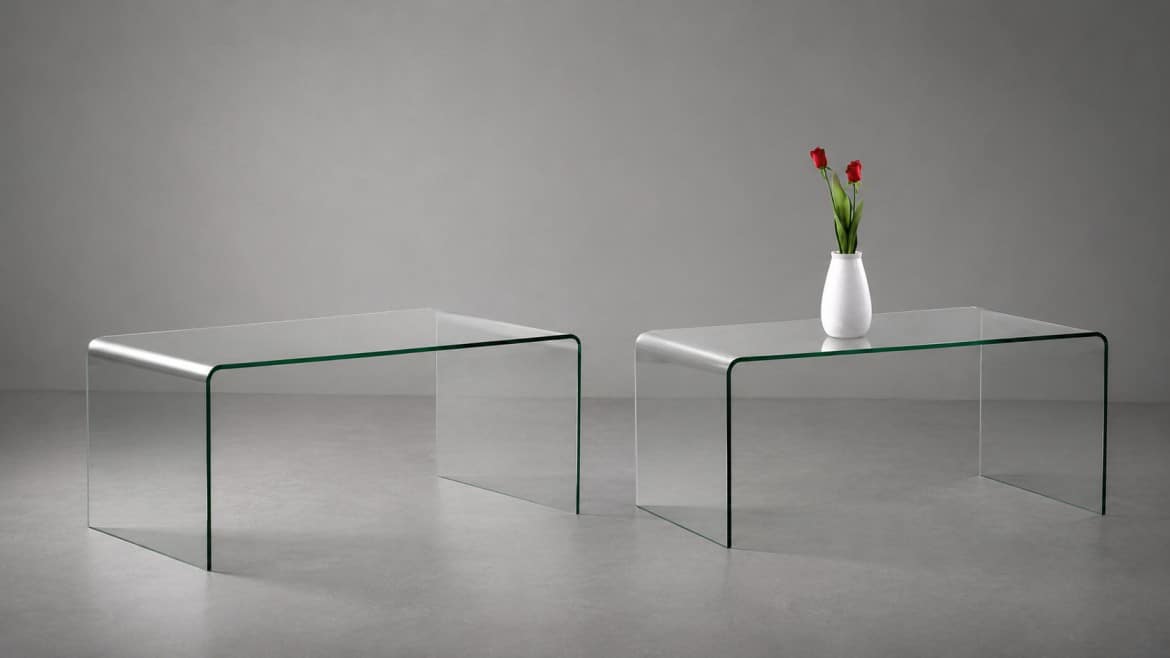 two glass tables on a gray floor; one table holds a white vase with red flowers