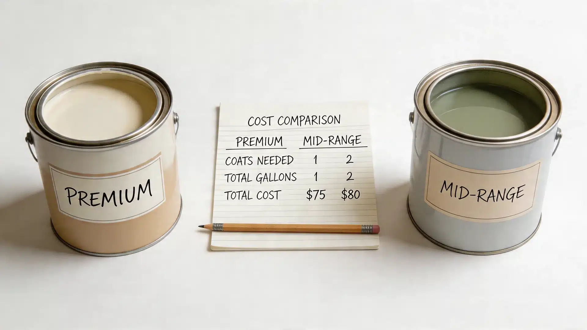 two open paint cans labeled premium and mid-range, a cost comparison notepad showing total cost figures