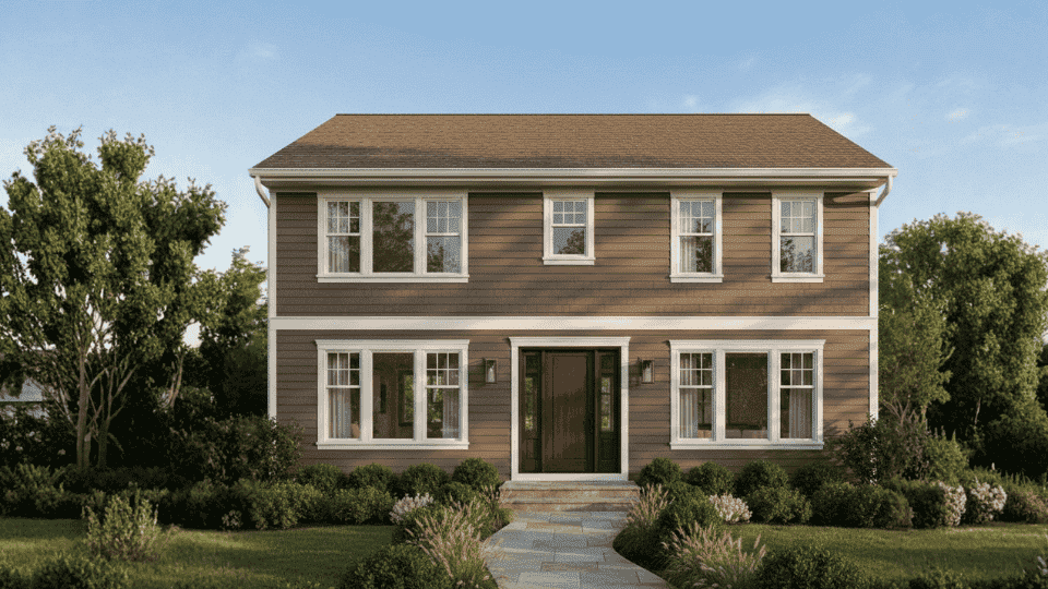 Two story mocha brown home with white trim, brown roof, wood door, and neat green landscaping in soft daylight