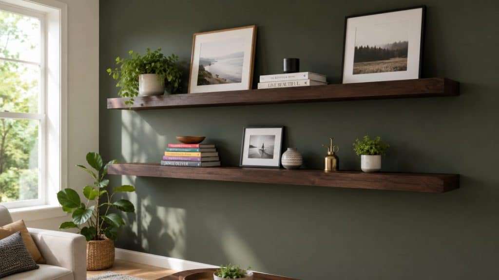 two wooden floating shelves on a dark green wall hold framed photos, books, and small plants