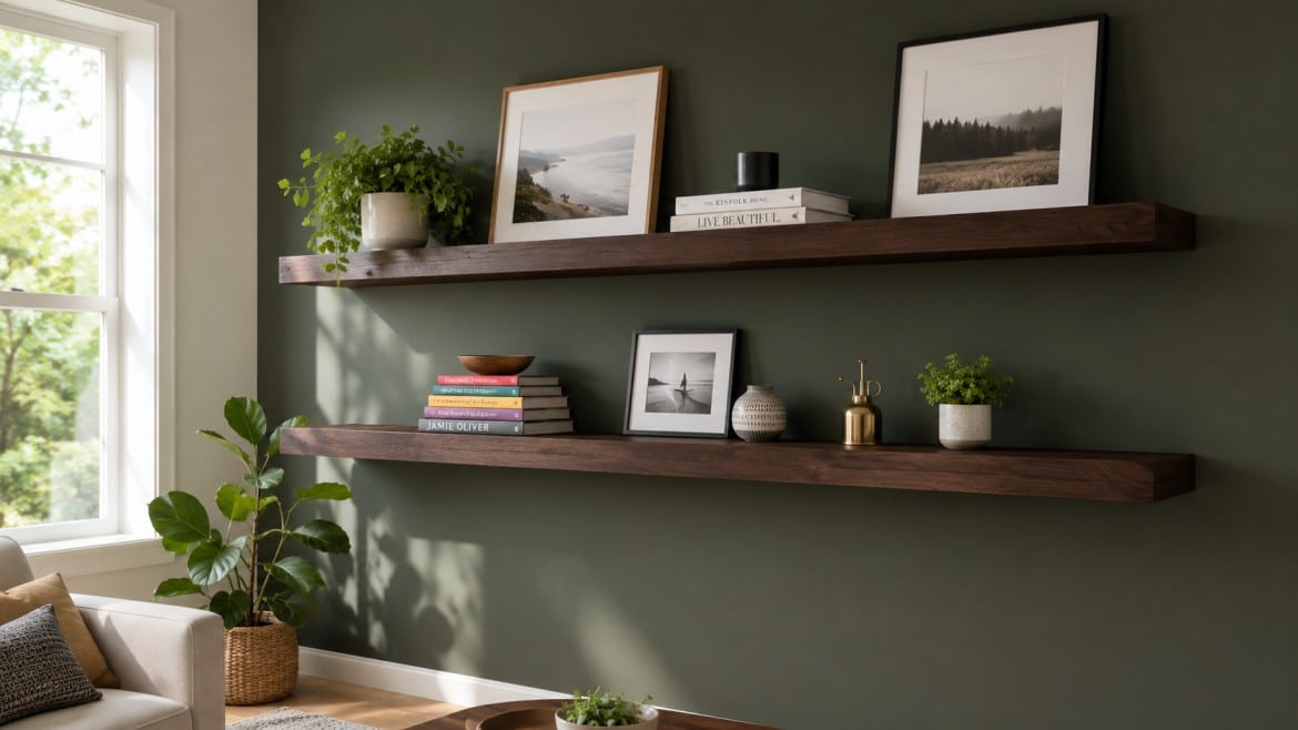 two wooden floating shelves on a dark green wall hold framed photos, books, and small plants
