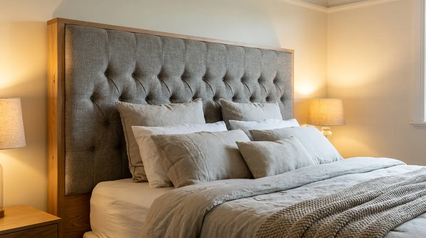 upholstered wooden headboard with padded fabric finish and soft modern bedroom interior