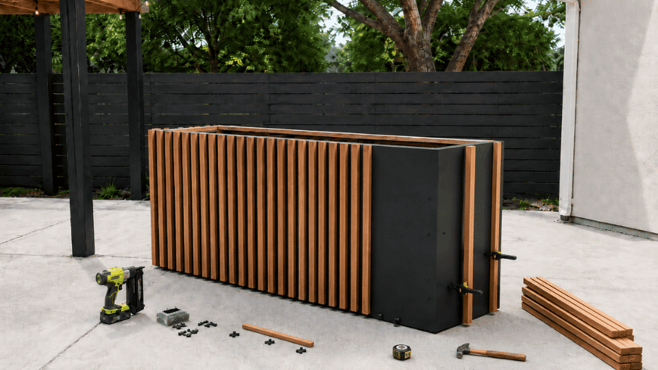 vertical wood slats being installed on diy outdoor bar front