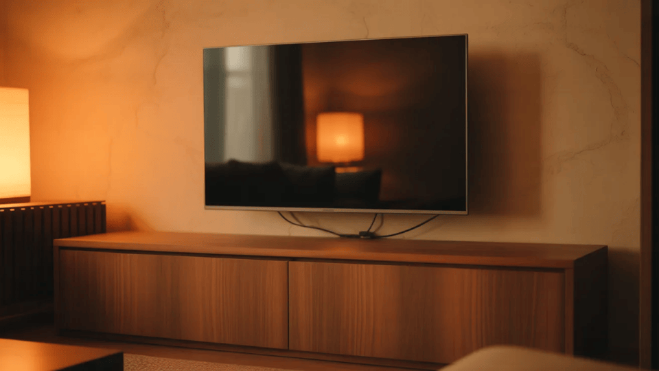 wall-mounted tv with managed cables and a closed storage ottoman in a clean minimal living room
