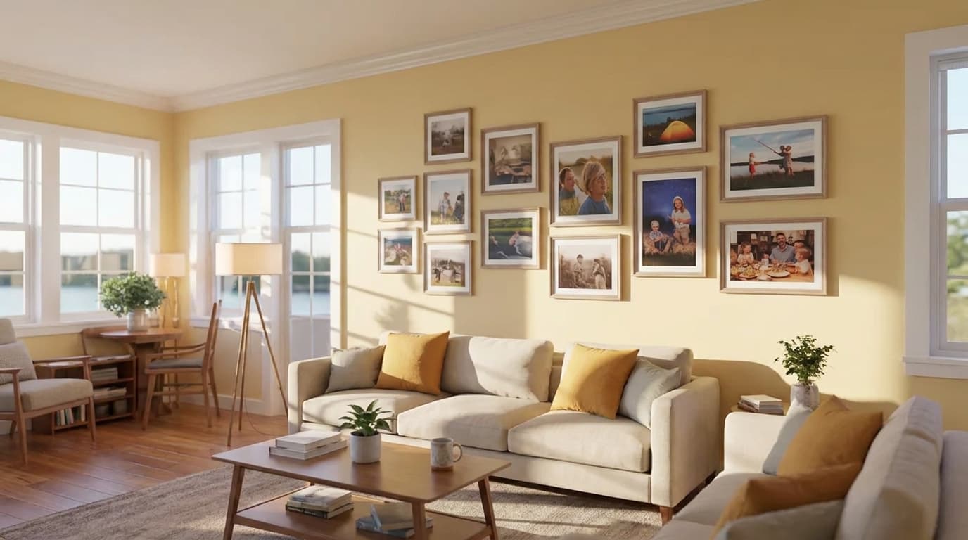 wall of framed family photos showing trips, camping, and gatherings arranged in a neat timeline style