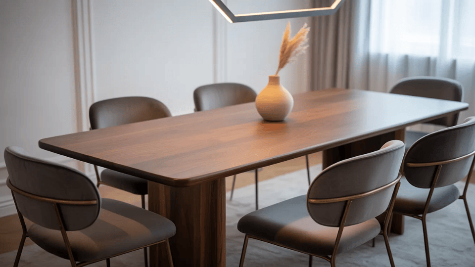 walnut dining table with upholstered chairs in a modern dining room setting showing a finished pedestal base table design