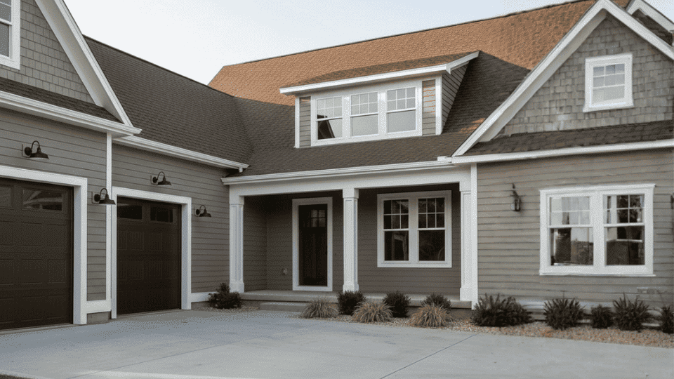 Warm stone gray farmhouse with brown roof, white trim, dark garage doors, and clean driveway at sunset