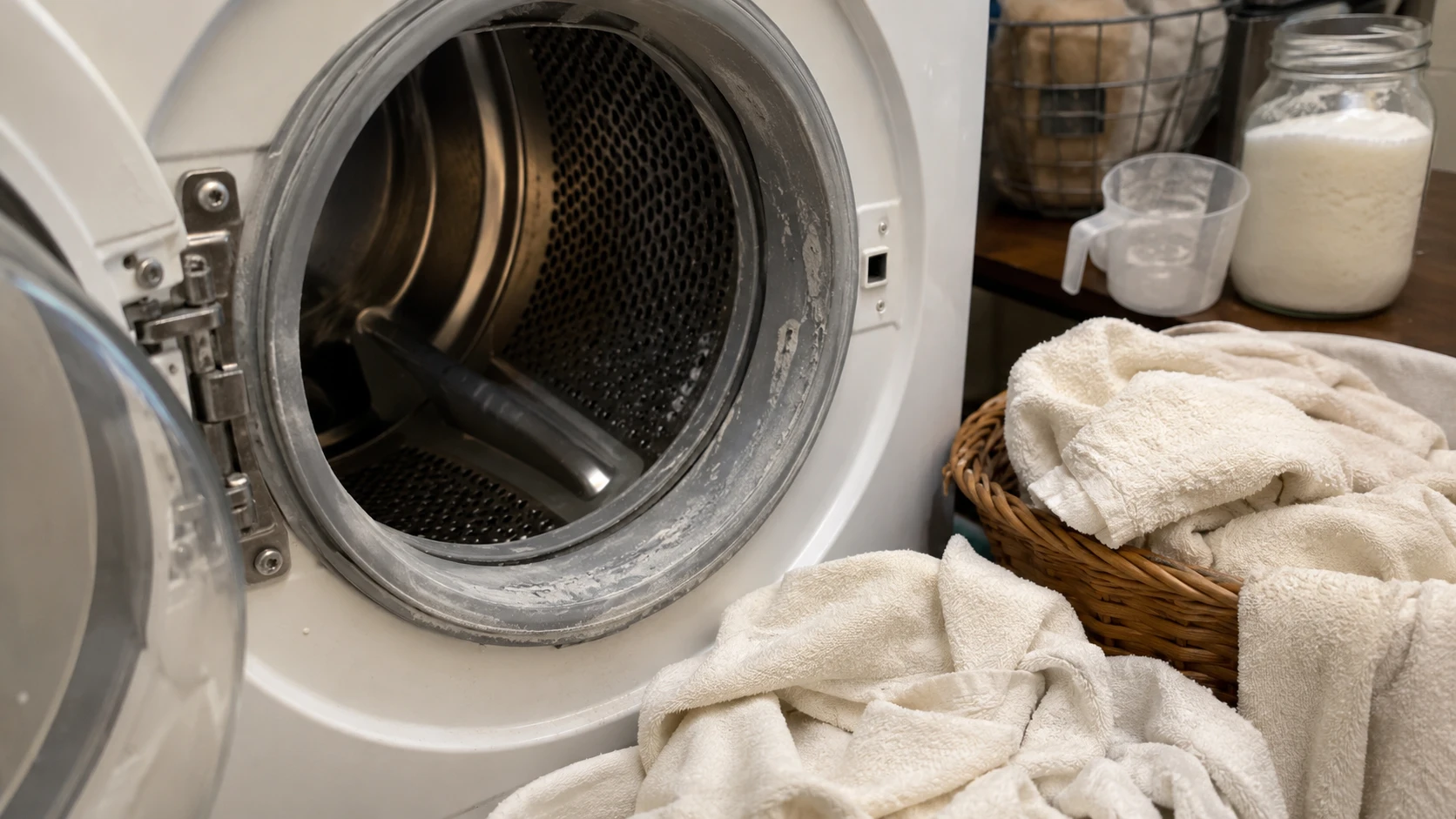 washing machine residue with stiff towels and homemade detergent nearby