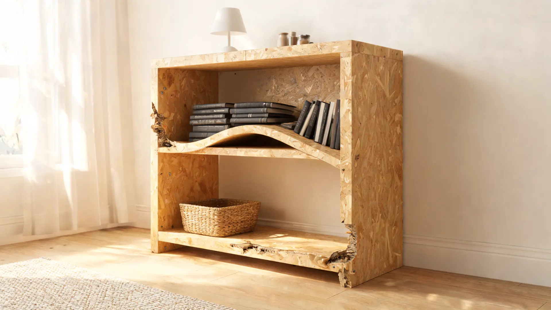low grade particleboard bookshelf with sagging shelves crumbling edges and books showing weak support
