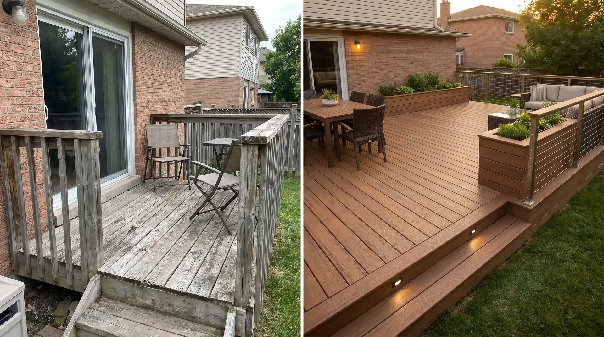 Weathered wooden deck renovated into a spacious composite deck with dining set, lounge seating, and lighting