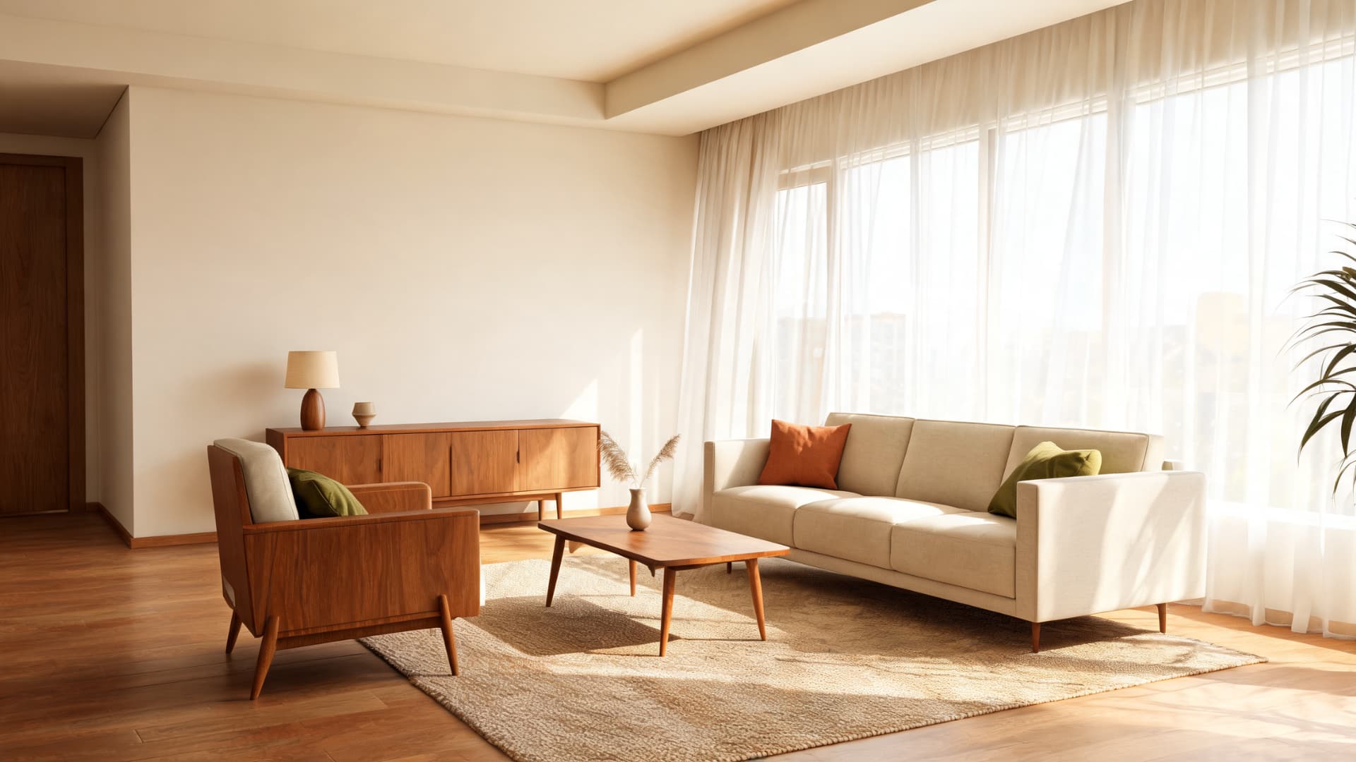 mid century modern living room with cream sofa, wood furniture, large windows, and soft natural light