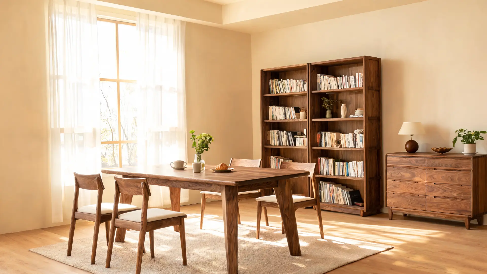 solid wood dining table, chairs, bookshelf, and dresser in a warm sunlit room with natural wood grain
