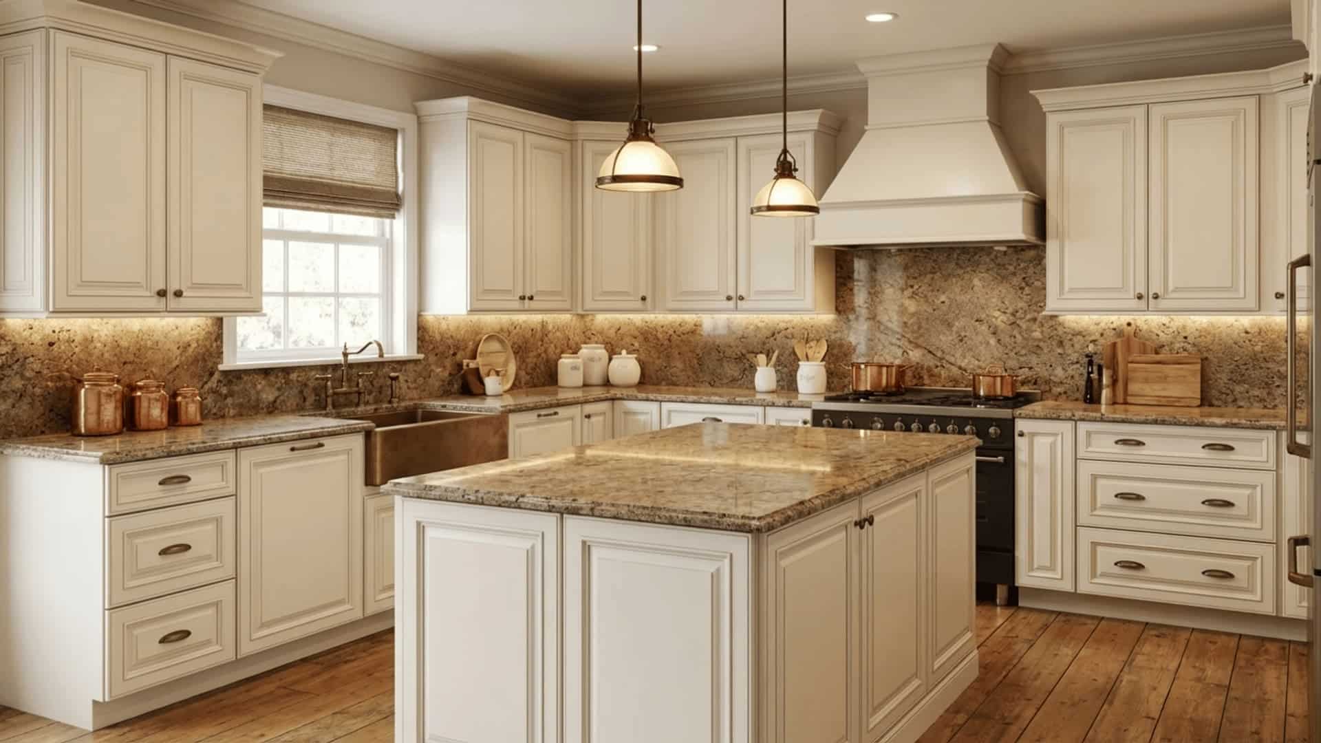 white dove bm oc-17 cabinet color paired with brown granite countertops in a cozy traditional kitchen