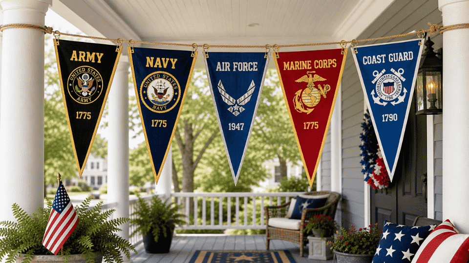 white porch with five colored military pennants strung between columns in warm light