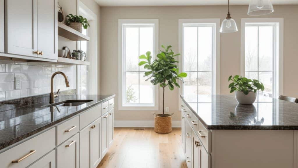 white shaker cabinets with dark brown granite countertops, brass hardware, and white subway tile backsplash
