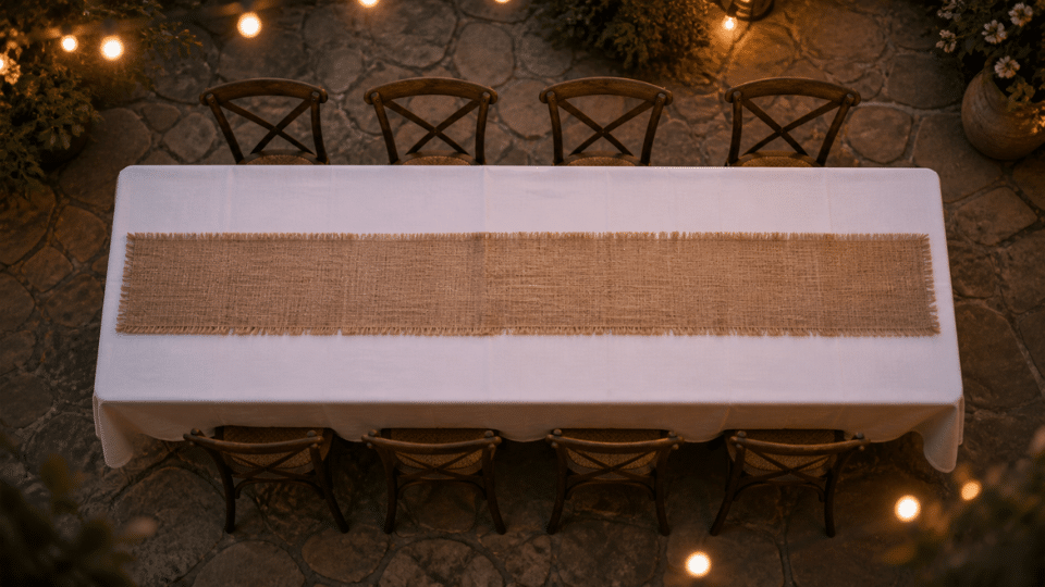 white tablecloth with burlap runner on long patio table at dusk soft lights blurred background