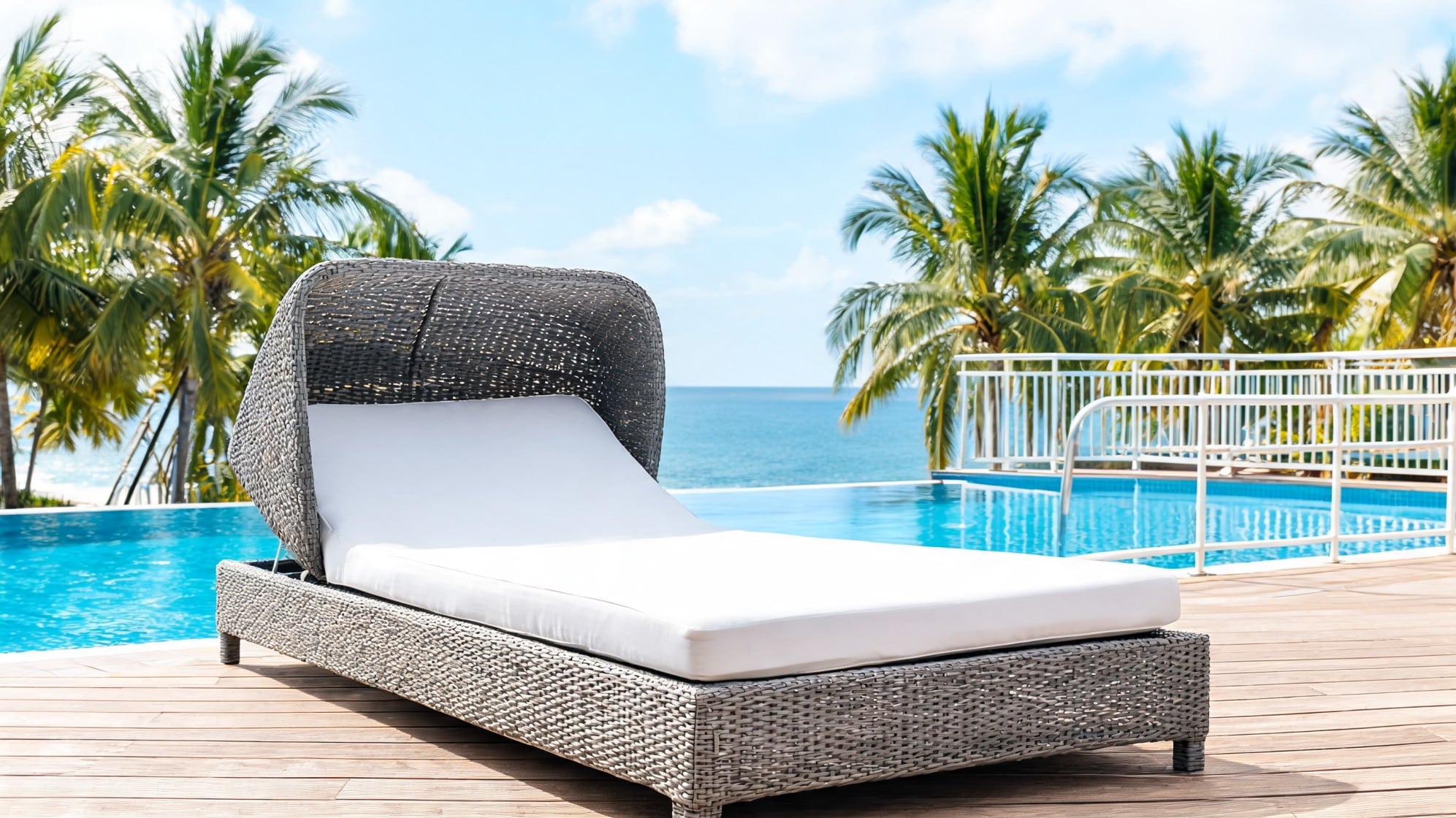 Wicker chaise lounge with white cushion and shade canopy beside a pool