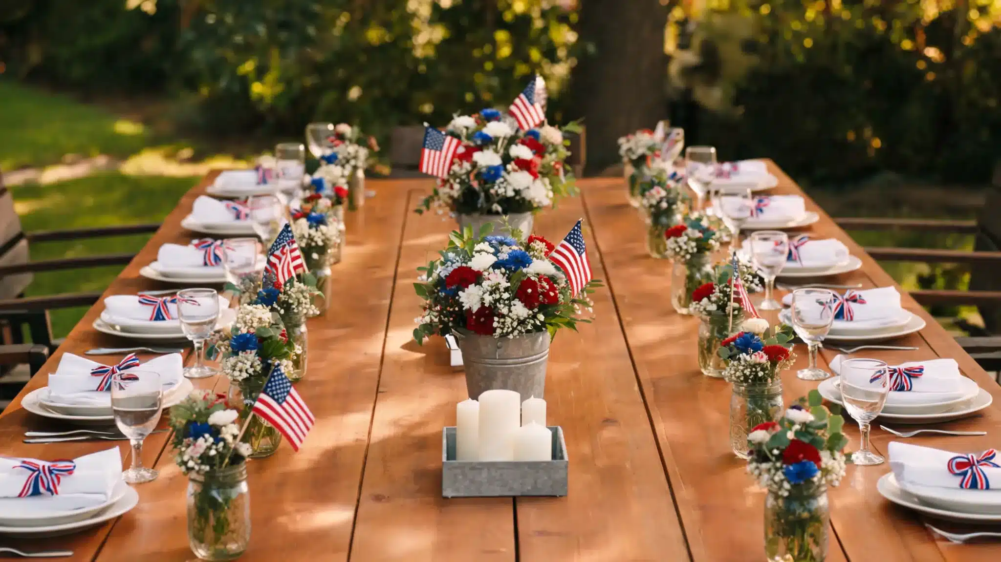 wide patriotic dining table with layered floral and candle centerpiece for memorial day