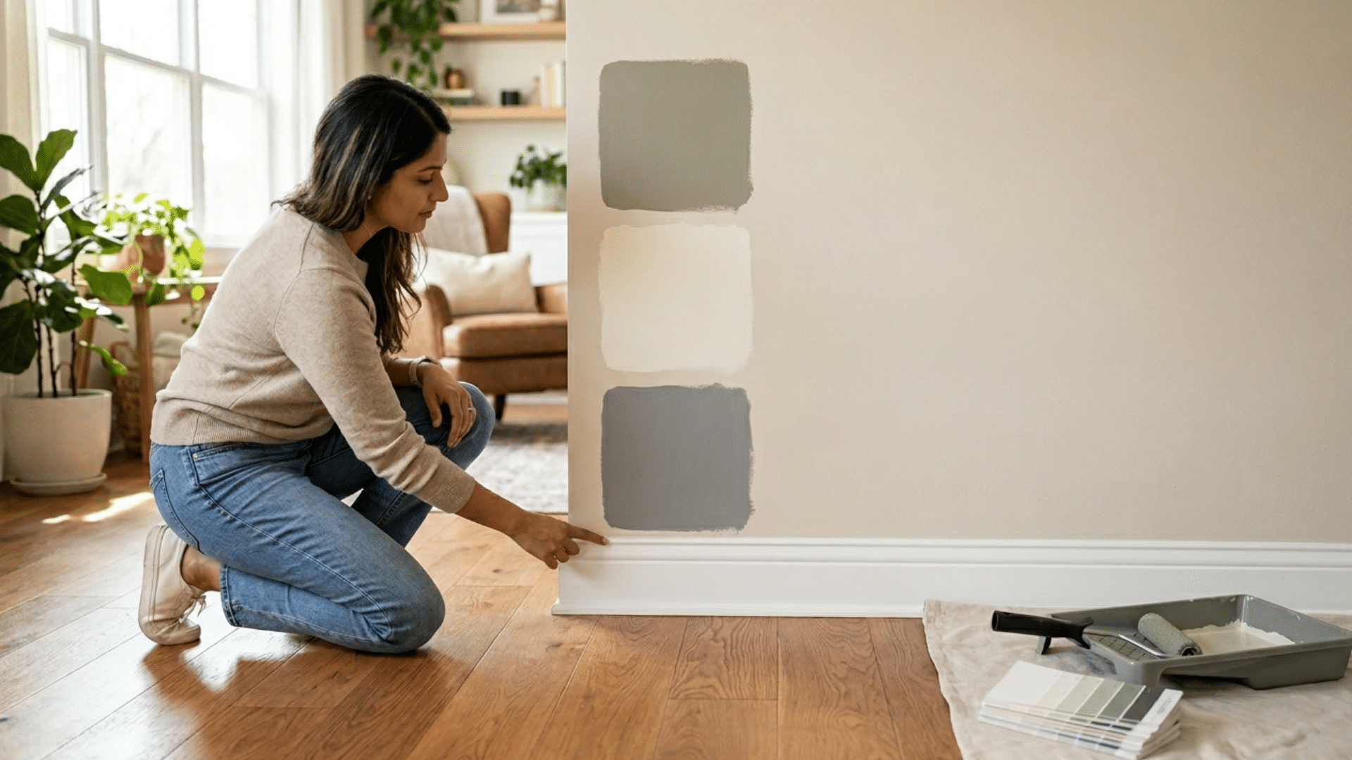 woman kneeling and comparing three paint swatches, sage, cream, and gray, on a beige wall directly above white baseboards and wood flooring