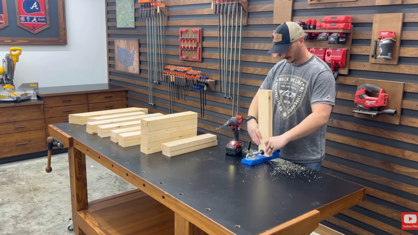 diy outdoor furniture build with measured wood boards on workbench before cutting and assembling patio chair frame
