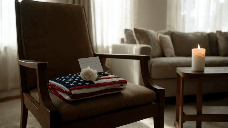 wooden chair with folded flag white rose and candle in soft natural light