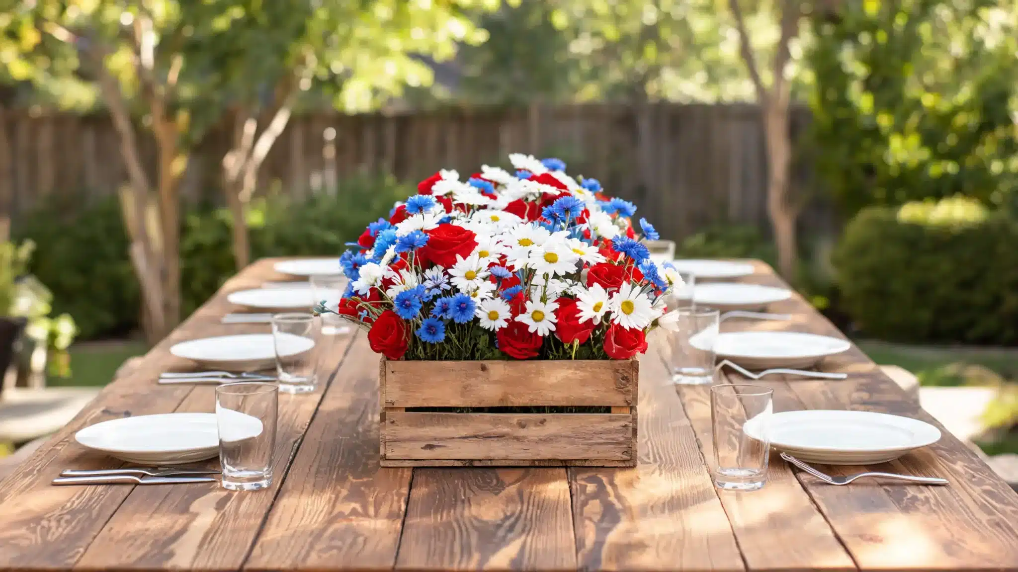 wooden crate flower centerpiece on outdoor table