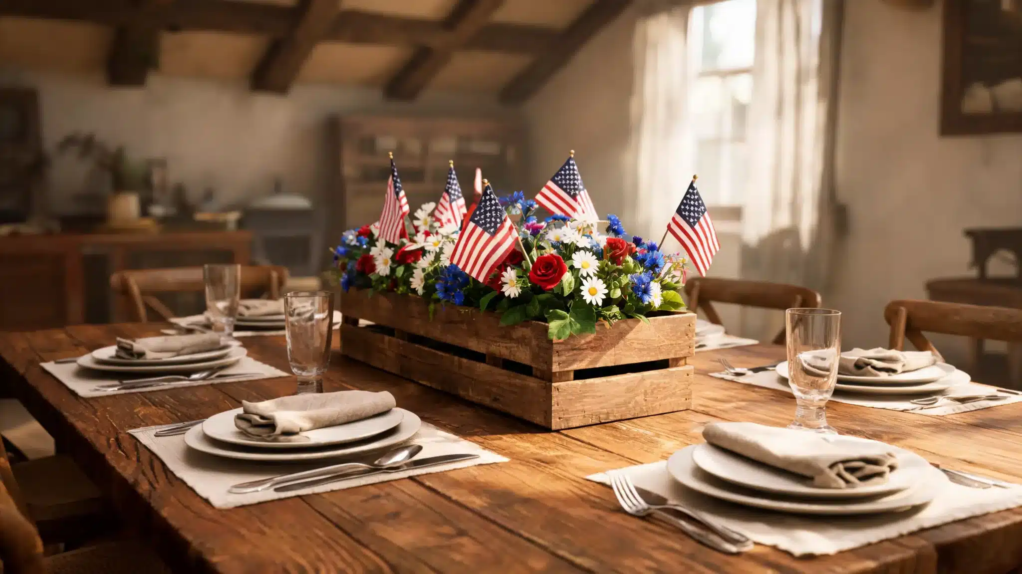 wooden crate flower centerpiece with flags on dining table