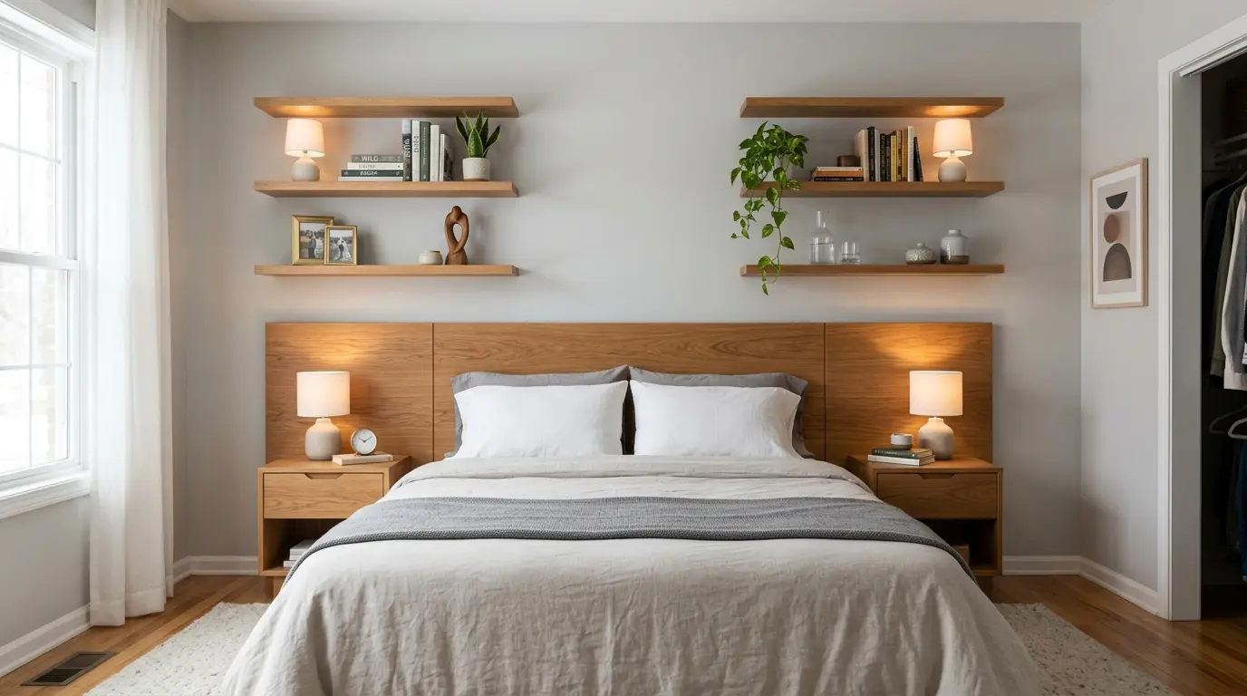 wooden headboard with matching floating shelves and organized modern bedroom setup