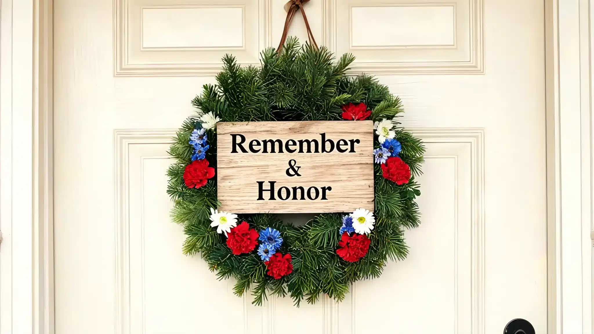 wooden sign wreath with remember and honor message and patriotic decorations