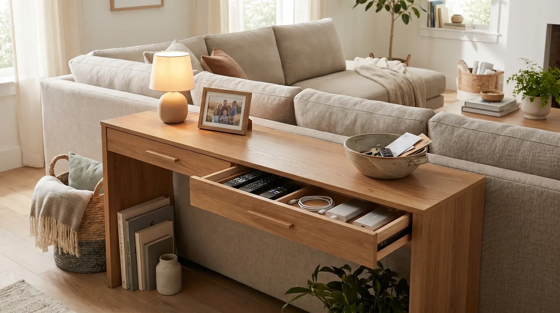 wooden sofa table with drawers behind sectional storing remotes chargers and small living room items (1)