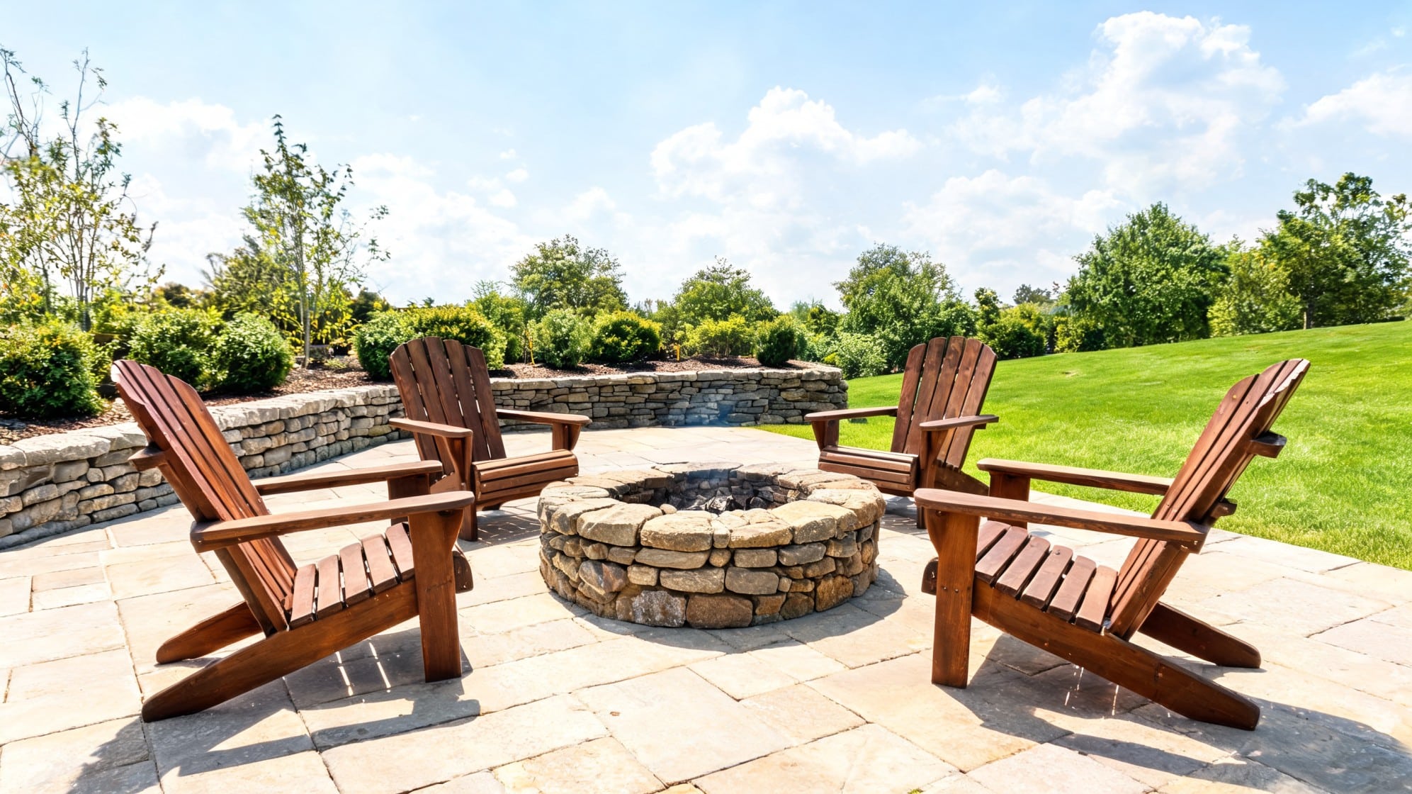 Wooden Adirondack chairs arranged around a stone fire pit on a sunny patio