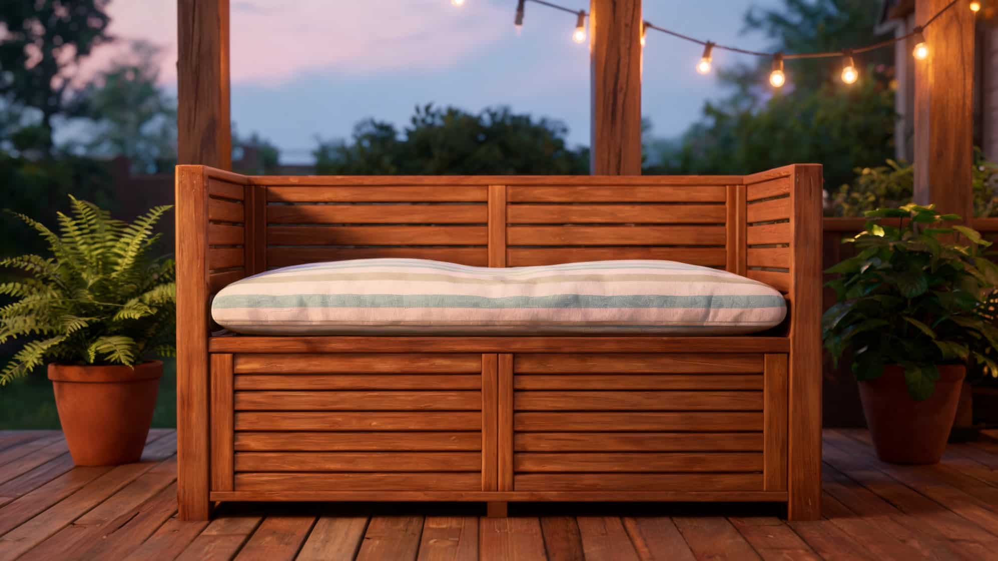 Wooden storage bench with striped cushion on a deck