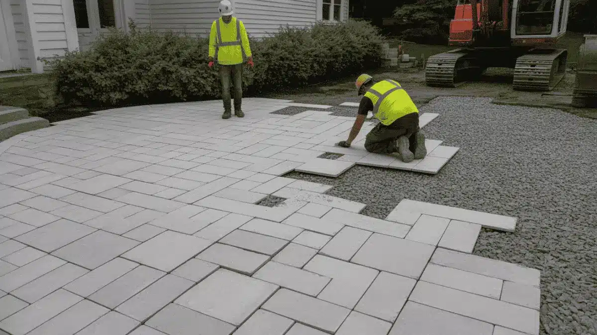 workers in safety vests install light grey patio pavers over a gravel base near a house and excavator