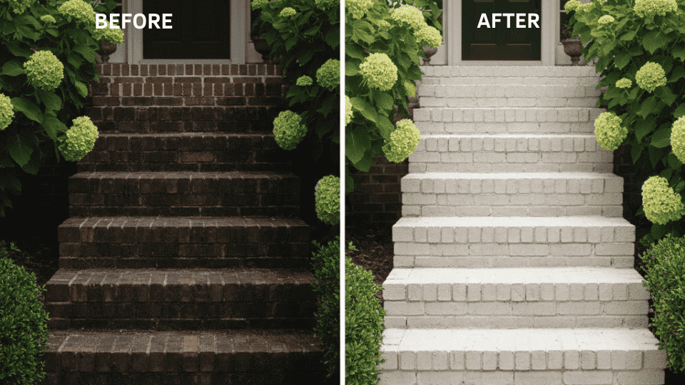 Worn, dark brick steps are transformed with limewash, giving the entryway a fresh, clean, and welcoming appearance
