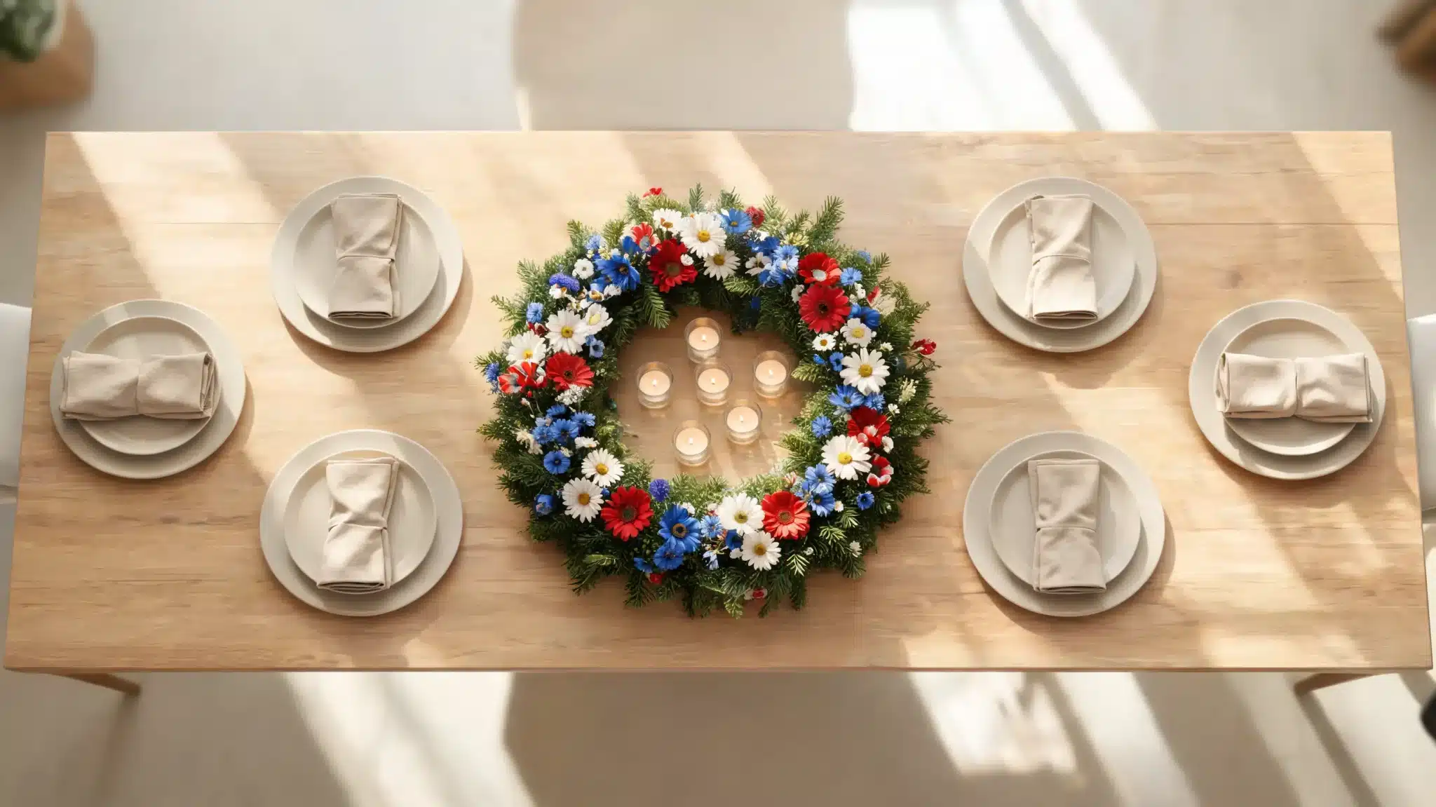 wreath centerpiece with candles on dining table