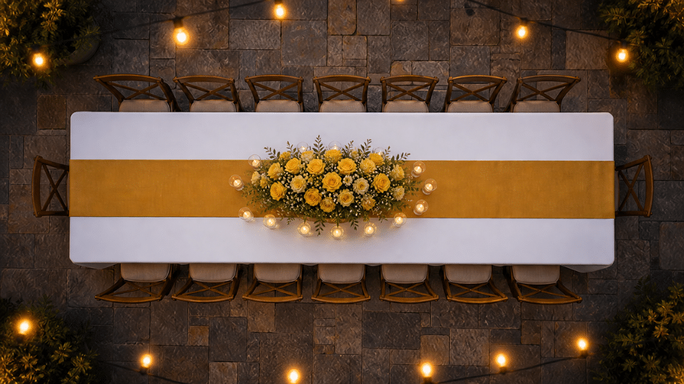 yellow rose centerpiece with candles on white and gold table runner patio dusk top down