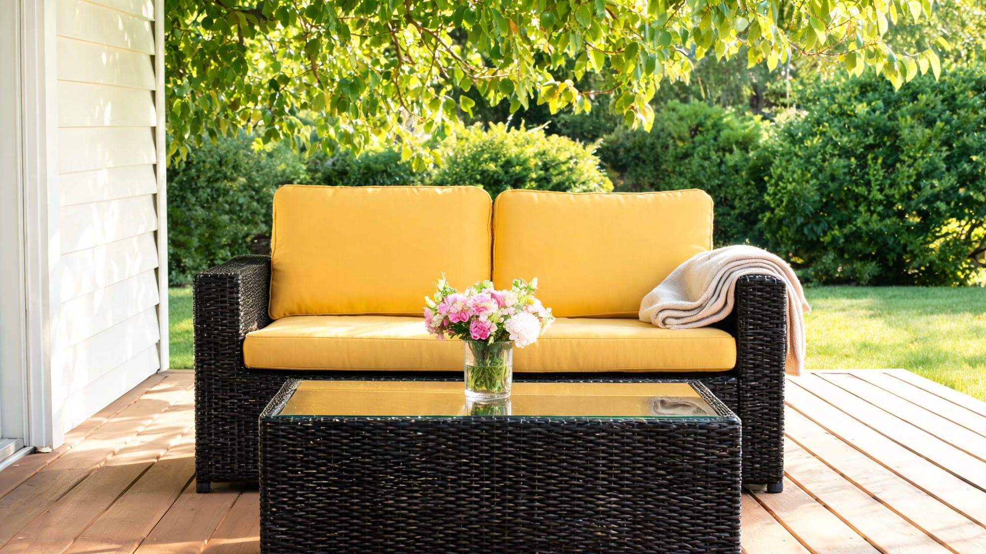 Yellow wicker loveseat with glass coffee table on a sunny deck