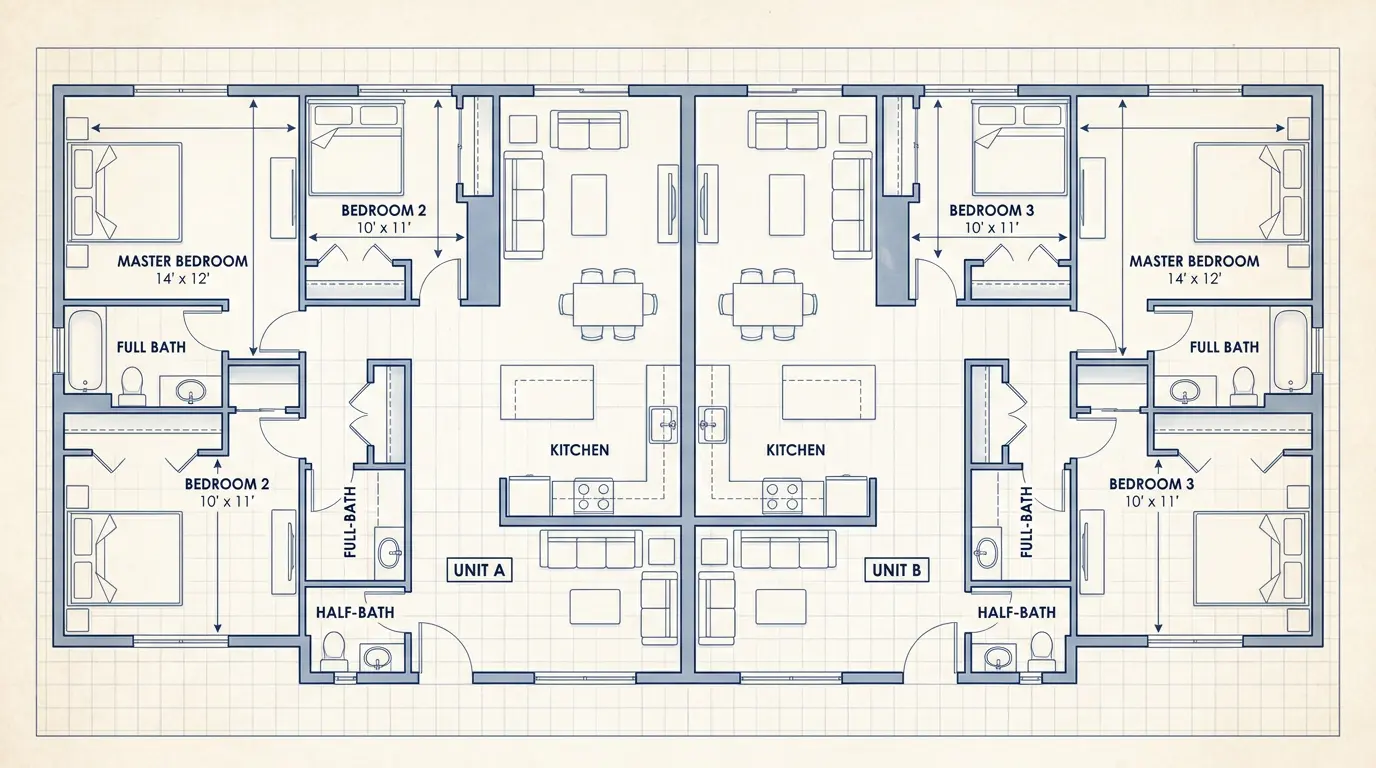 3 bedroom duplex floor plan with mirrored units, outer bedrooms, bathrooms, and central living areas
