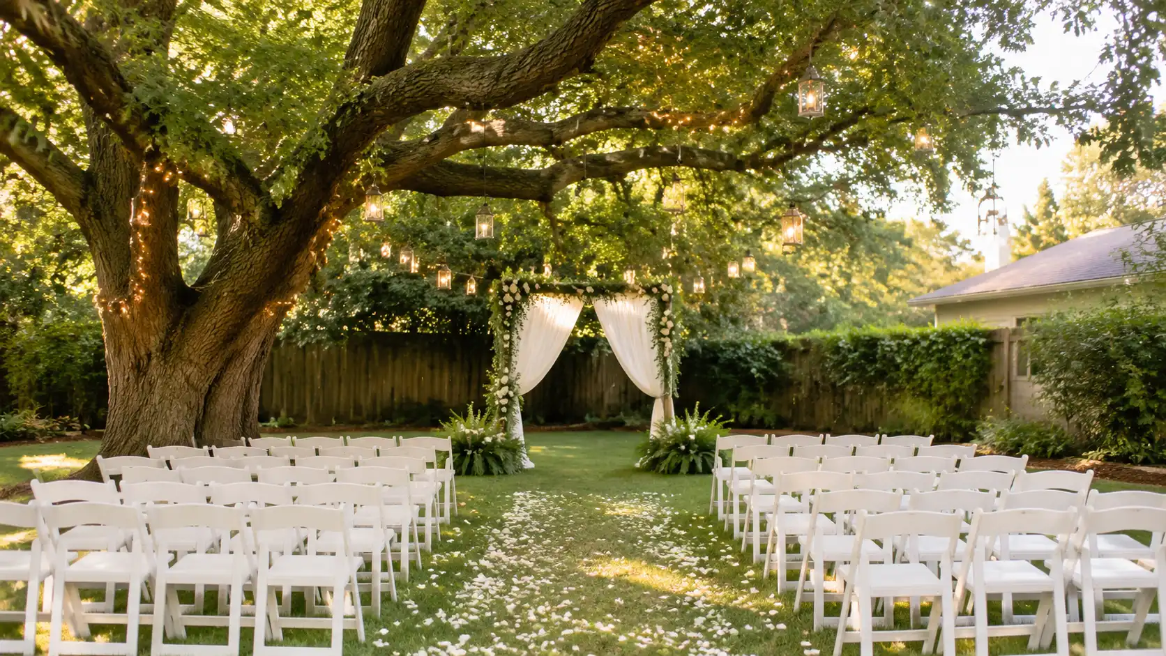 a backyard ceremony under a tree with white chairs, flowers, draped arch, and hanging lanterns for outdoor wedding ideas